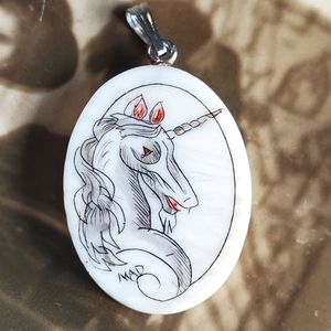 Signed Scrimshaw Unicorn Pendant